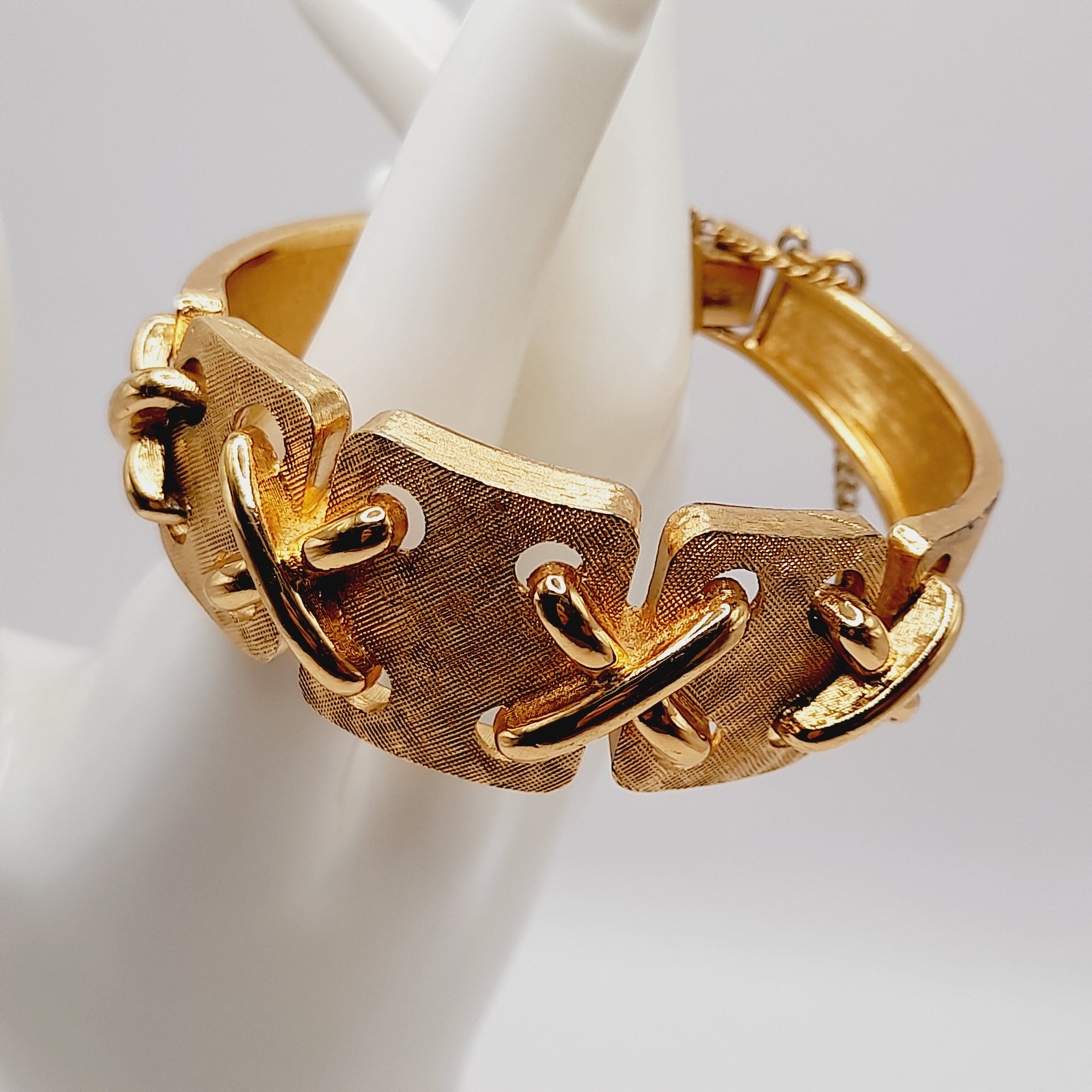 Vintage Monet Gold Tone Panel Bracelet Fold Over Clasp Safety Chain