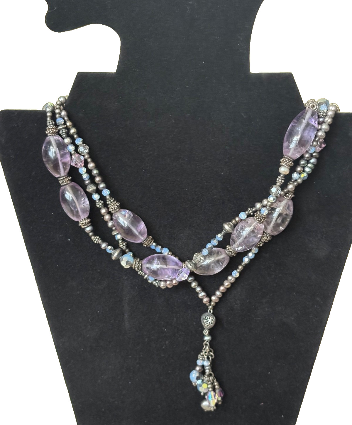 Artisan Purple Glass Silver Beaded 925 Triple Strand Necklace