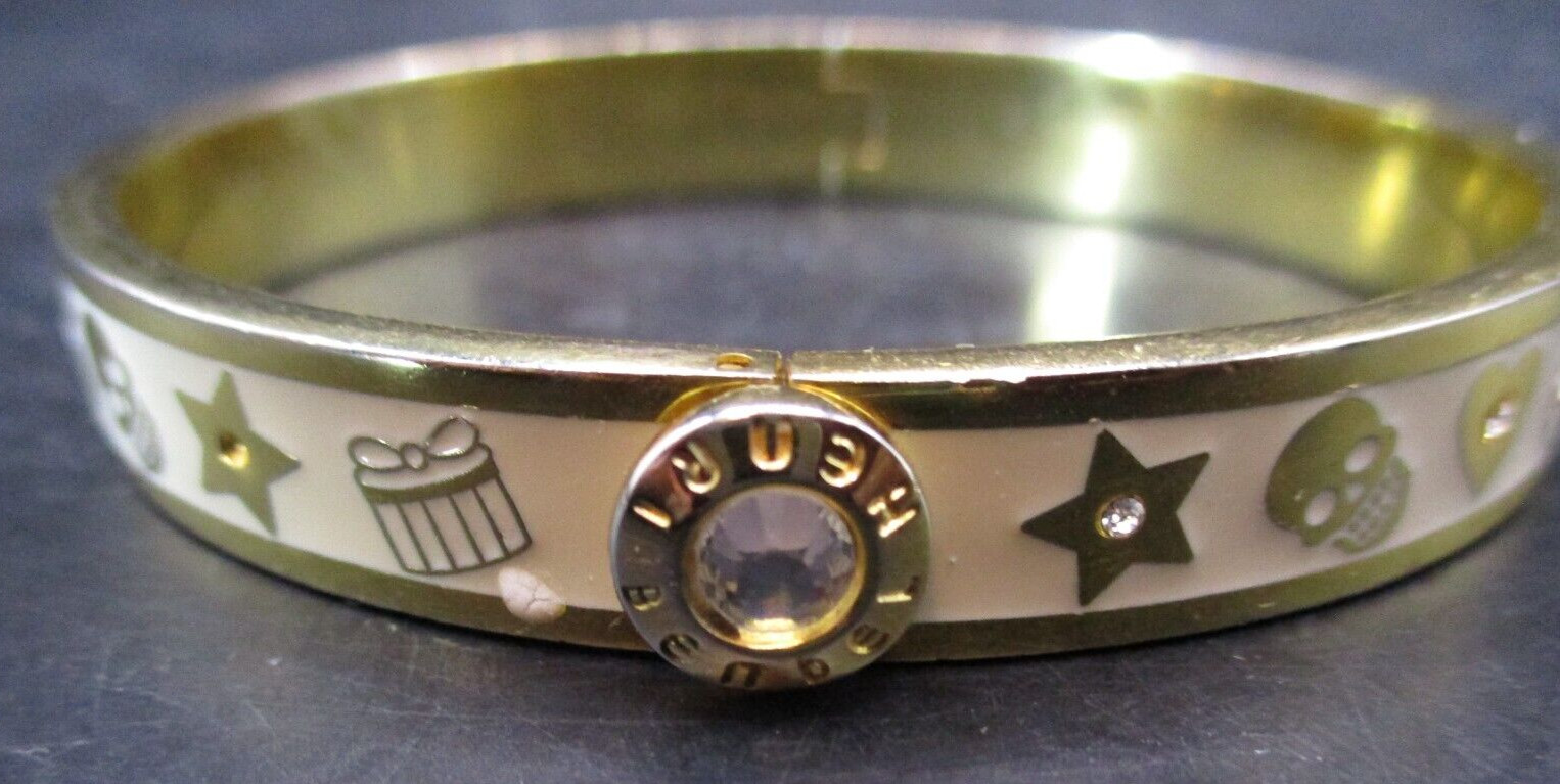 RARE HENRI BENDEL NEW YORK GOLD, CREAM ENAMEL RHINESTONE “LIFE EVENTS” HINGED BA