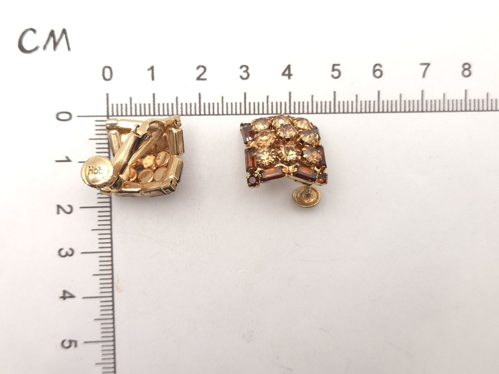 Vintage Hobe Signed Gold Tone Brown Rhinestone Adjustable Clip On Earrings