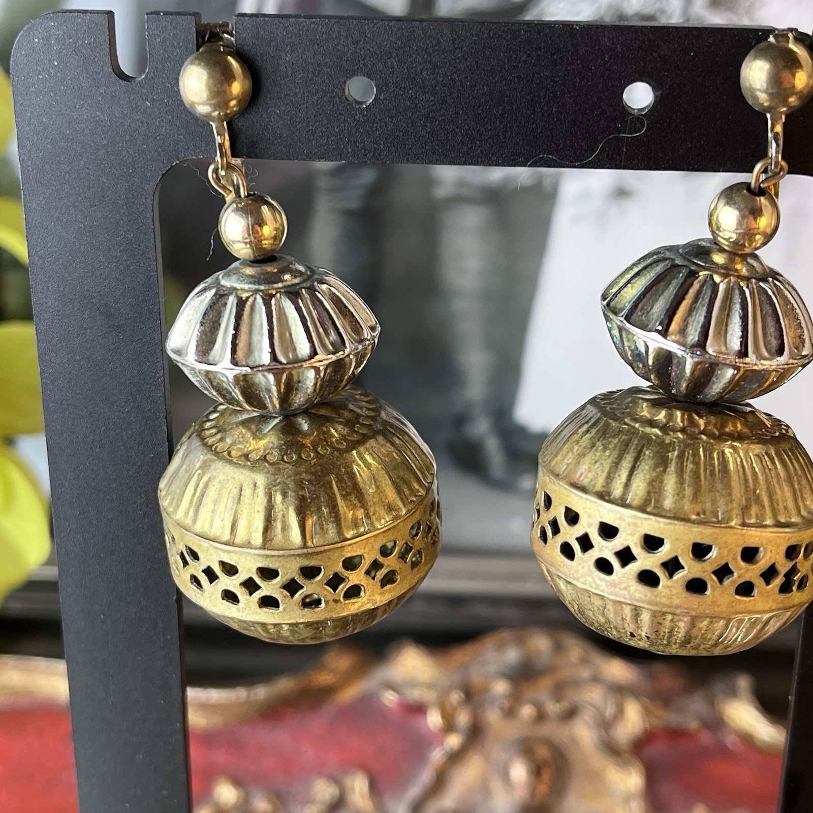 Vintage Ethnic Revival Brass Silver Tone Dangle Clip On Earrings – 2” – c1970s