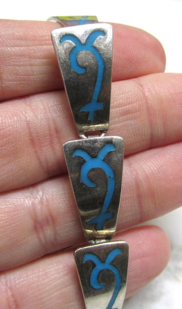 Taxco Sterling Silver Blue Enamel Design Link Bracelet ~ 7-1/4″ ~ 21g ~ 5-C436