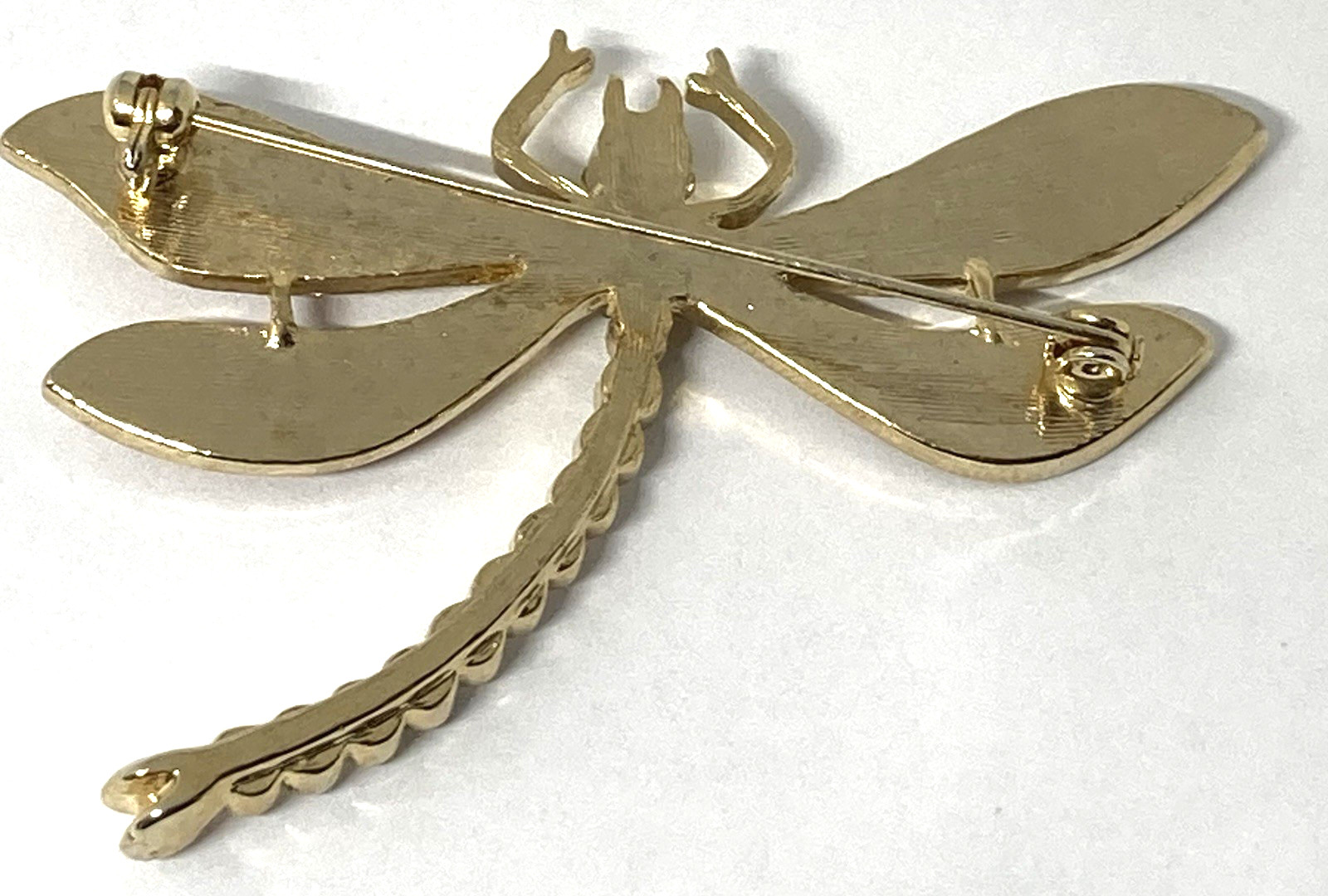 Dragonfly Brooch Gold Tone Pin Pink Wings & Clear Crystals Rhinestone Body
