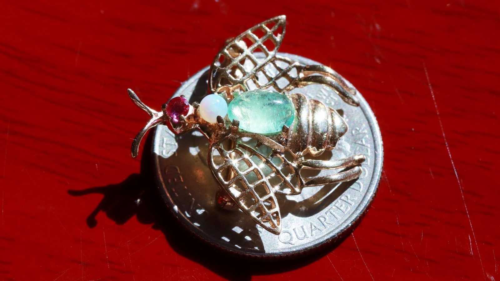 14k yellow gold brooch 0.90ct natural multi gemstone 0.97″ bee pin 2.24gr N3140