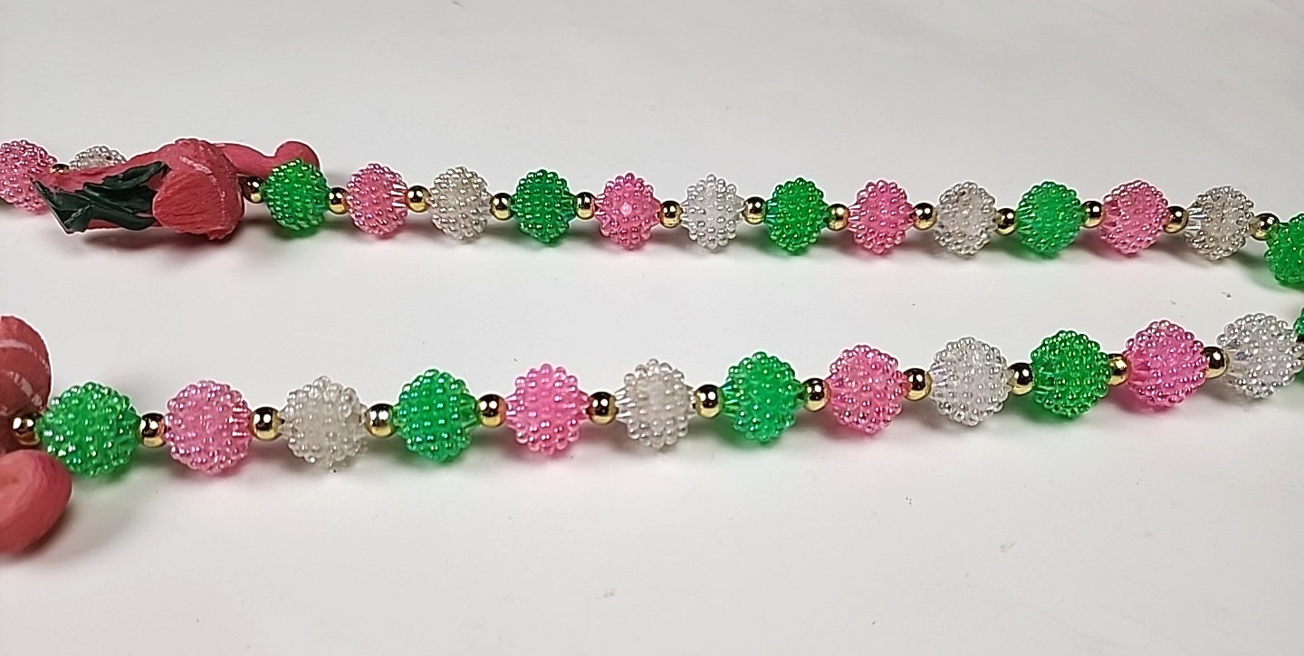 VTG Pastel Resin POPCORN Beaded Flamingo Necklace Pink Green FUN witty Wear