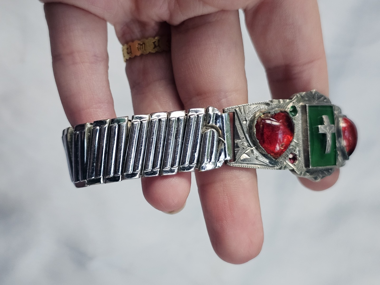 Vintage Silvertone Expanding Bracelet German Silver Sweet Heart Red Glass Cross