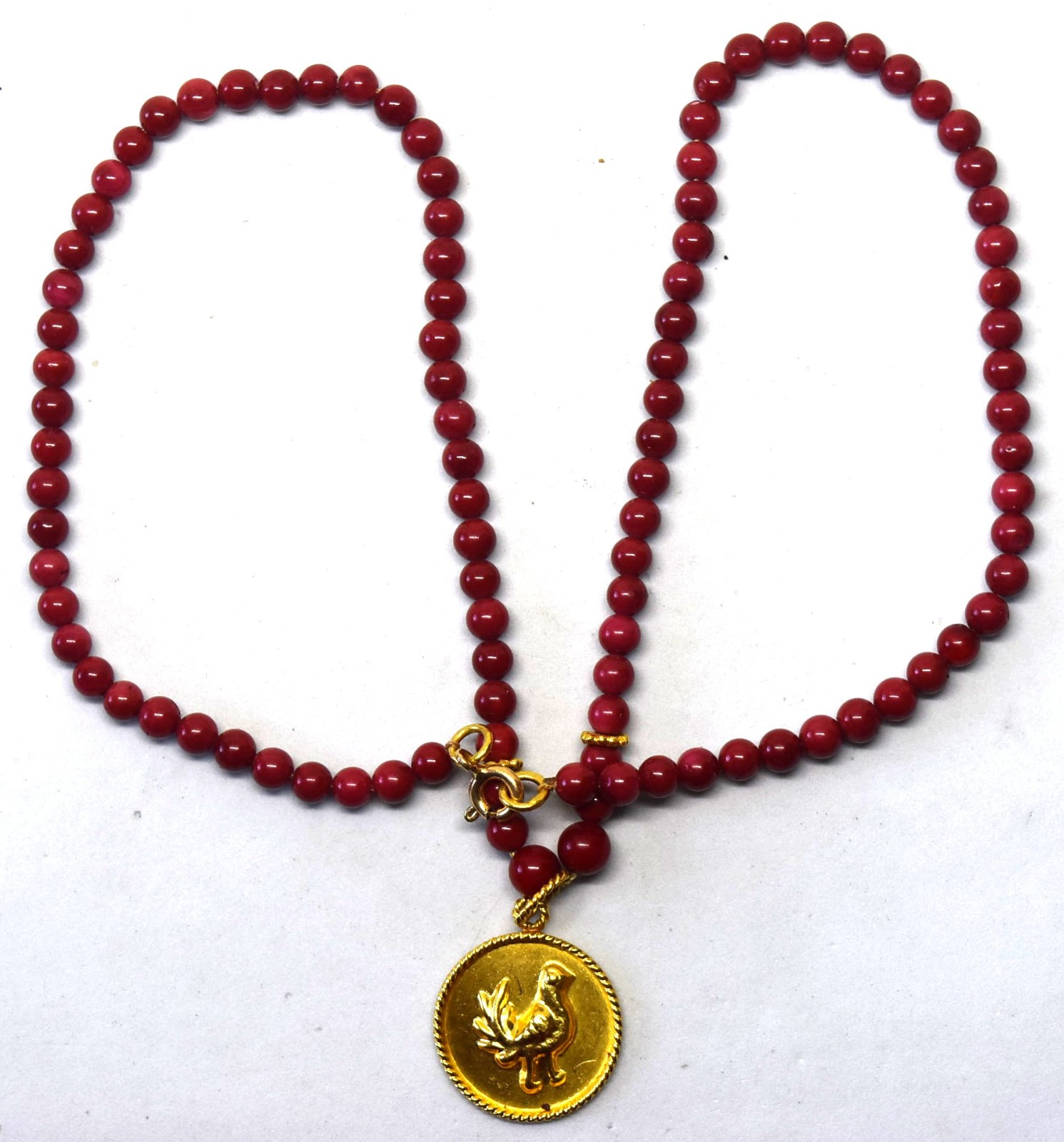 18K Yellow Gold and Natural Untreated Blood Red Coral Rooster Necklace 17″ Long