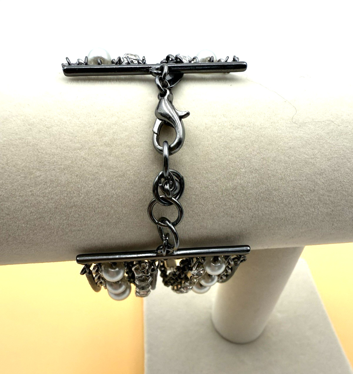 NY Bracelet Multiple Strand Faux Pearl Rhinestones Chains Brutalist Jewelry