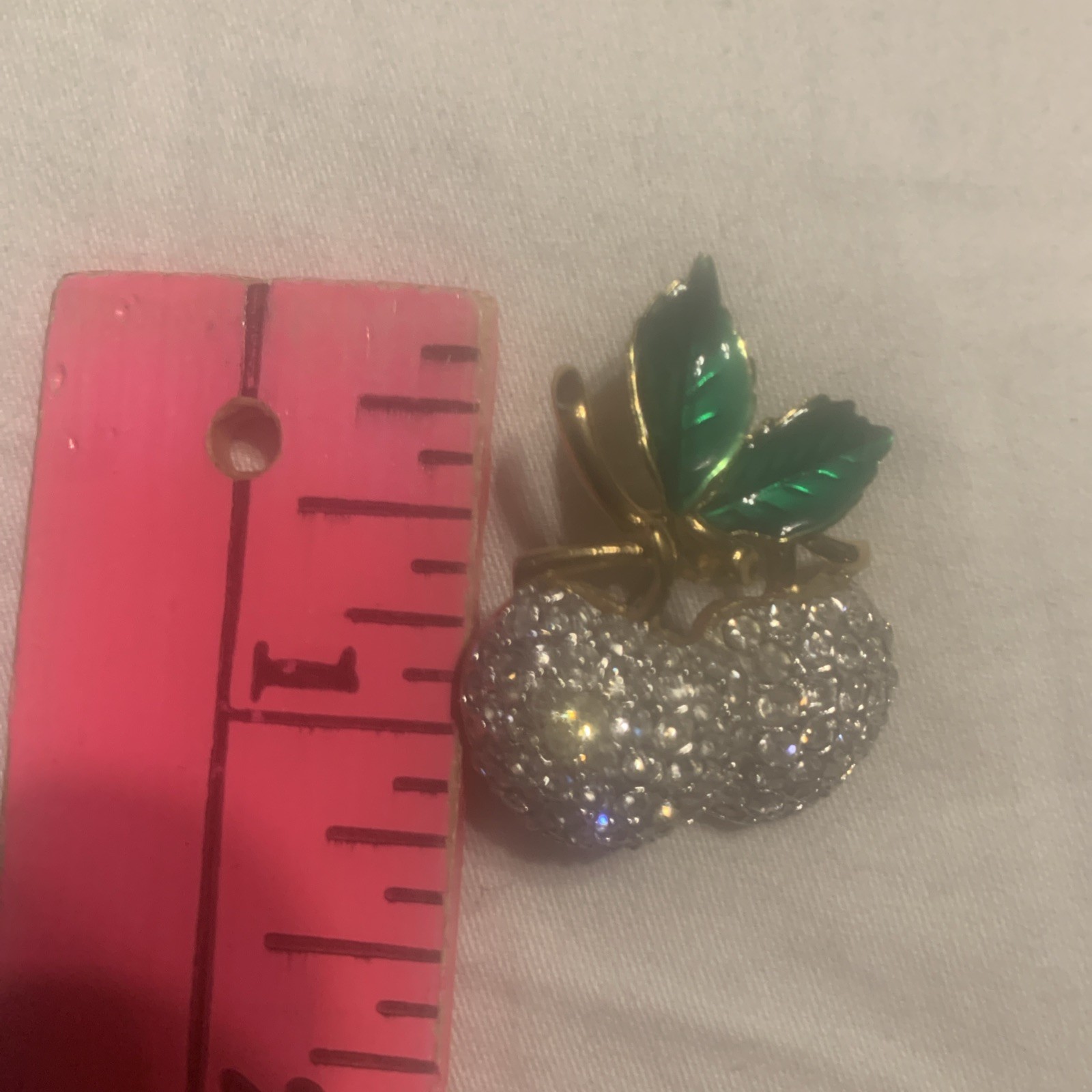 Vintage Rhinestones Apples Brooch Pin Marked AC Green Enamel Leaves Gold Tone
