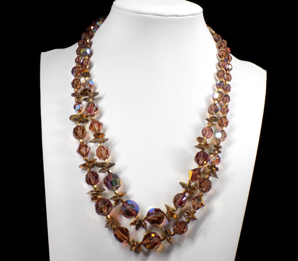 Vintage Crystal Necklace Golden Smoky AB Aurora Borealis Beads 2 Rows 16″ +1.5″