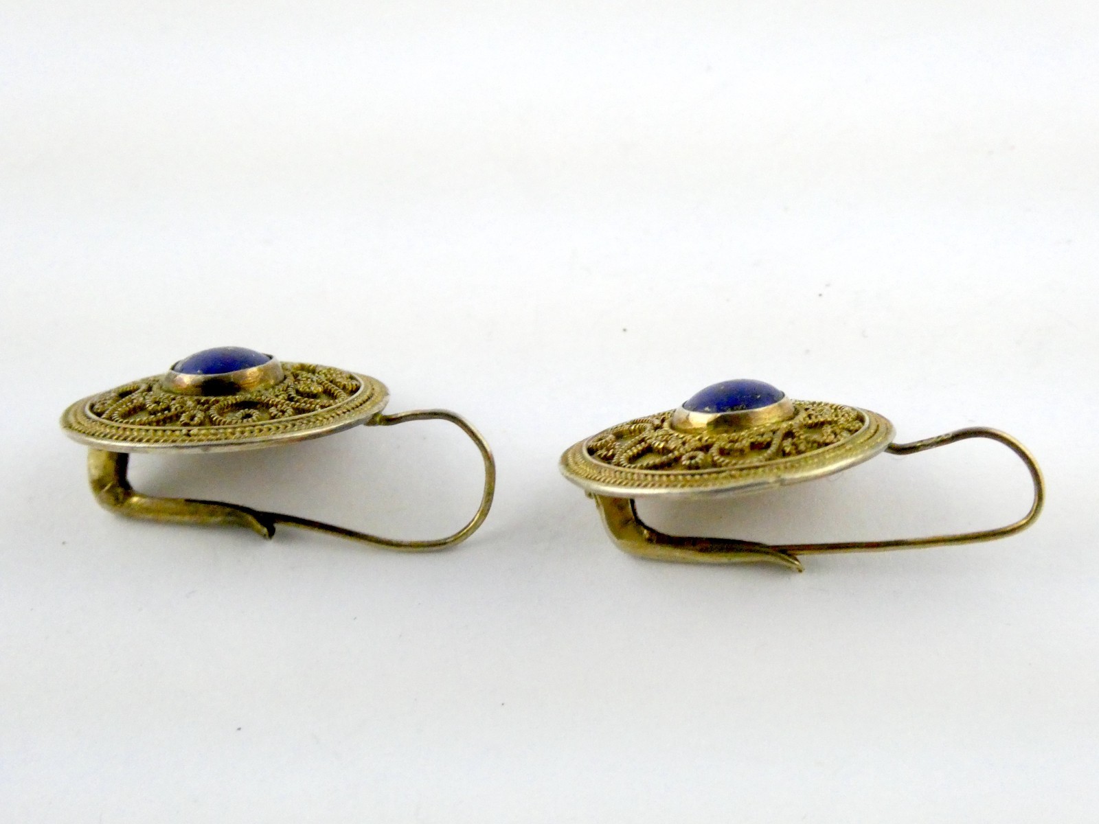 Vintage Gilt Sterling Silver Scroll Motif Lapis Lazuli Hook Earrings 7.3g 1.25In