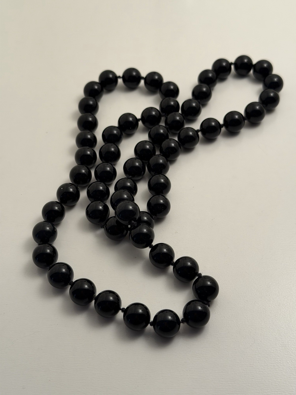 Vintage Round Polished Black Glass 1cm Beads 28” Necklace Hand-Knotted 126.7g