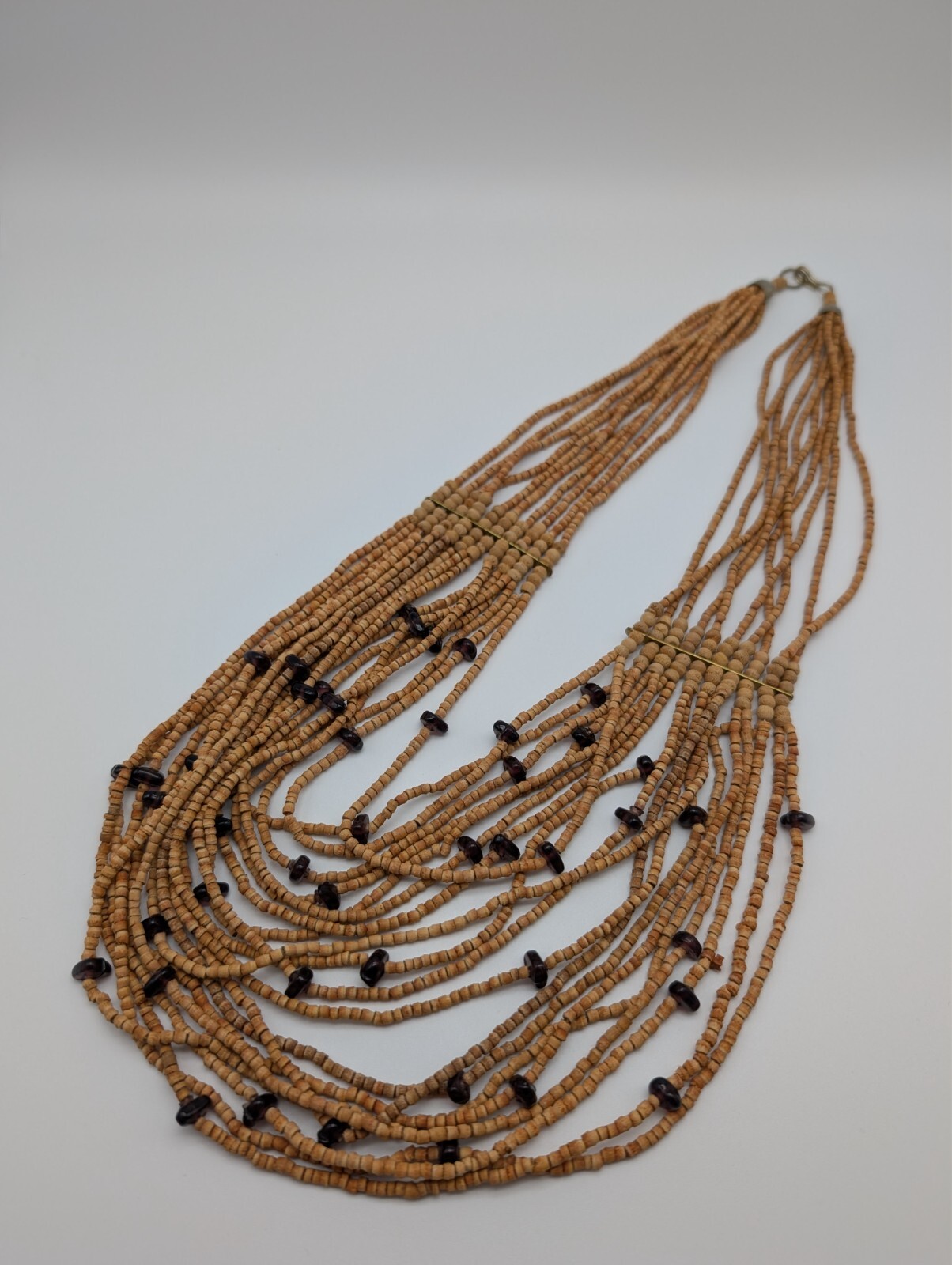 Vintage Boho Multi Strand Wooden Cork Purple Glass Beaded Statement Necklace