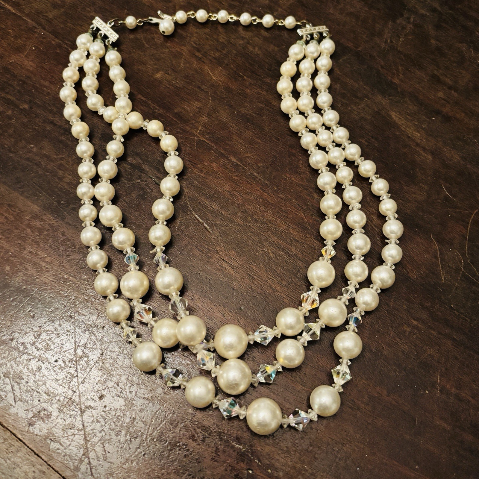 Vintage Midcentury Pearl And Glass Beaded 3 Strand Necklace 22 Inches