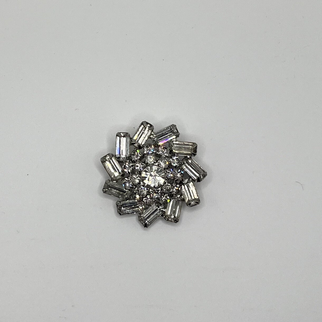Vintage Emerald Cut and Round Clear Rhinestone Multi-Tiered Prong Set Brooch Pin