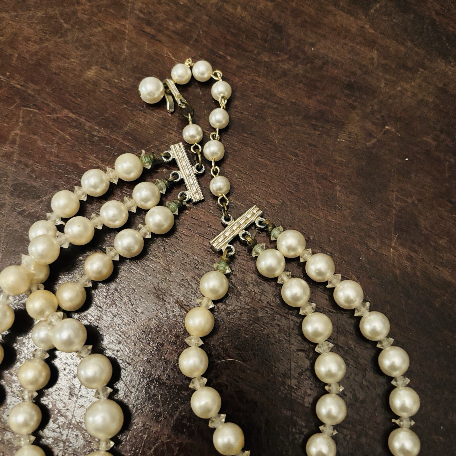 Vintage Midcentury Pearl And Glass Beaded 3 Strand Necklace 22 Inches