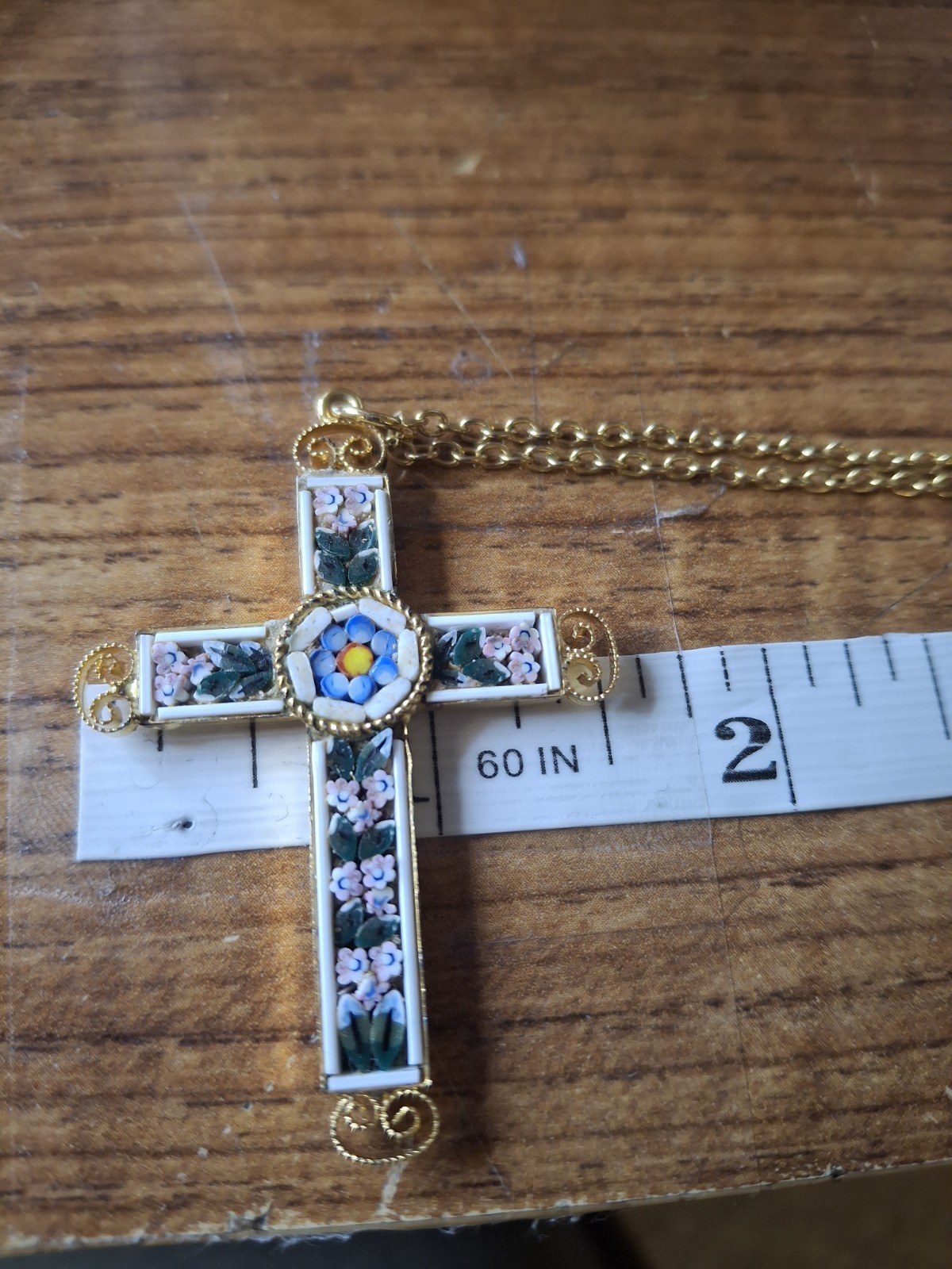Vintage Italian Signed Micro Mosaic Gold-Plated Filigree Cross Pendant Necklace