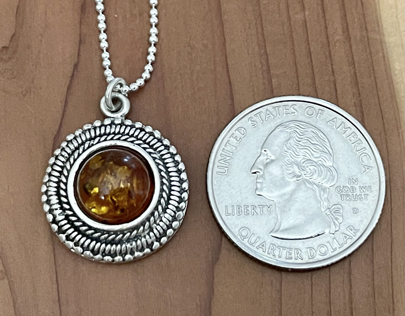 Vintage 925 Sterling Bali Beads, Honey Amber Round Pendant Necklace 16”-17.5” in