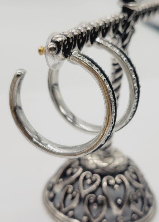 Nine West Hoop Earring Silver Tone Black with Crystal accent Pierced 1.5 in