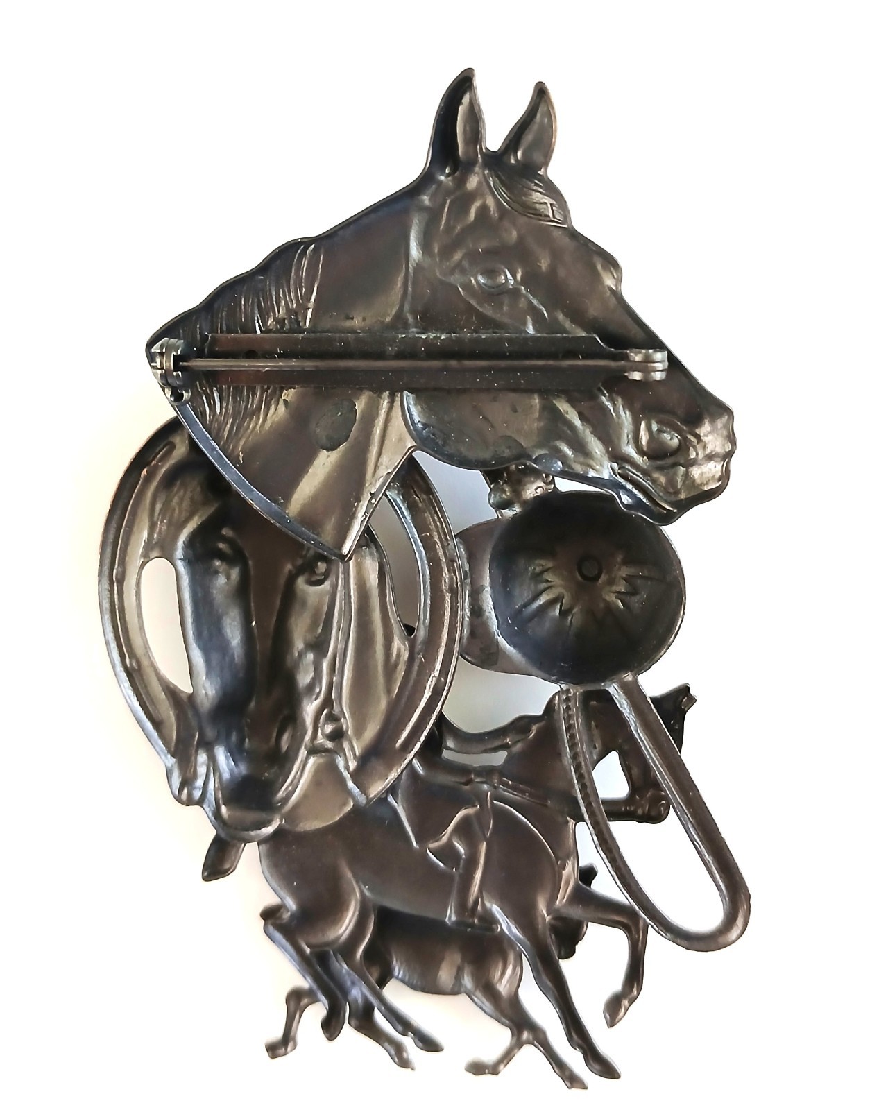 Large Equestrian-Themed Horses & Jockey Brooch Copper Brass & Silver Tones VTG