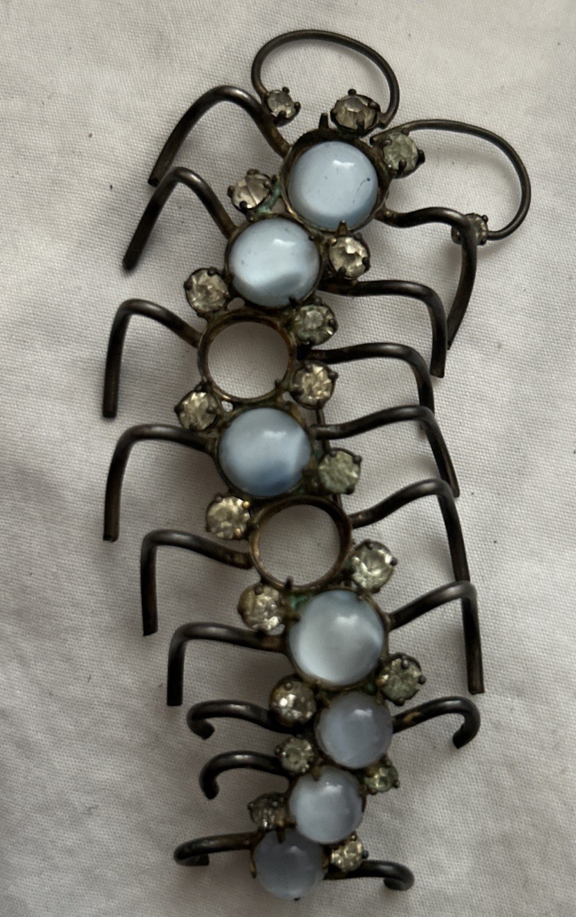 Vintage Sterling Moon Glow Stones Prong Set Rhinestone Centipede Brooch Repair