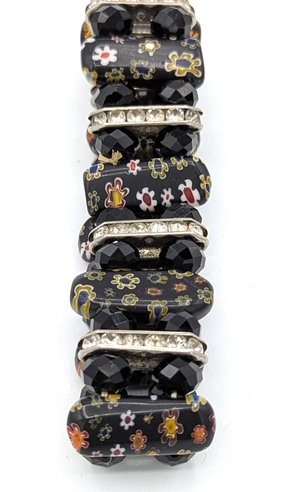 Vintage Millefiori Bracelet Beaded Stretch Clear Rhinestones Black Faceted Beads