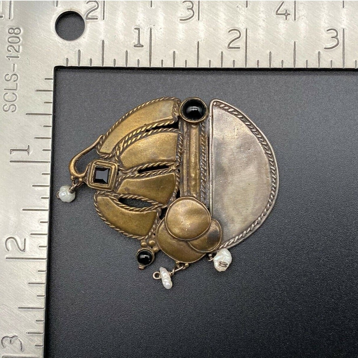 Vintage Modernist Abstract Pearl Mixed Metal Sterling Silver Brass Pin Brooch