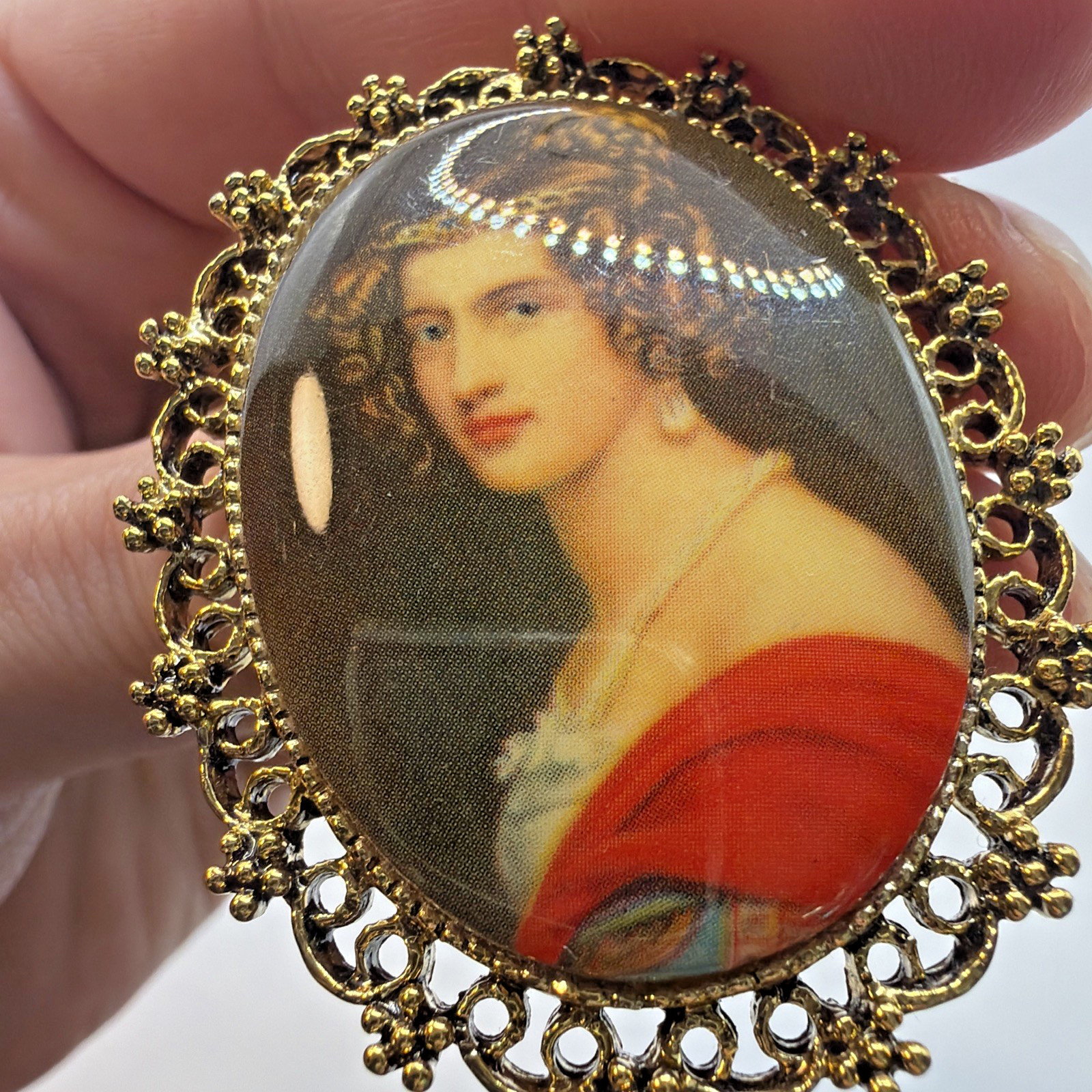 Victorian Portrait Brooch Pendant Gold Toned Transfer Print