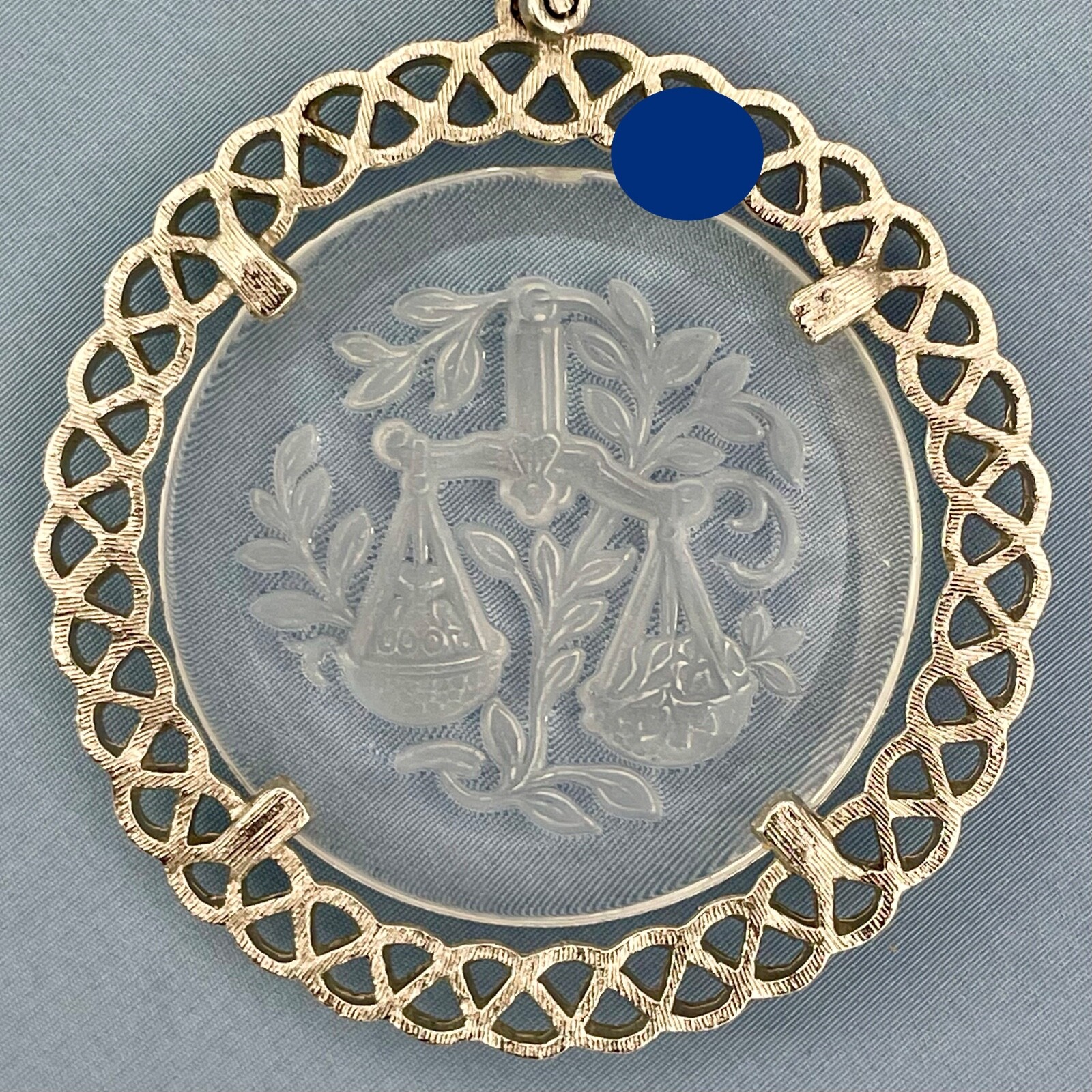 Crown Trifari Pendant Necklace Scales of Justice Reverse Etching Glass 22 Inches