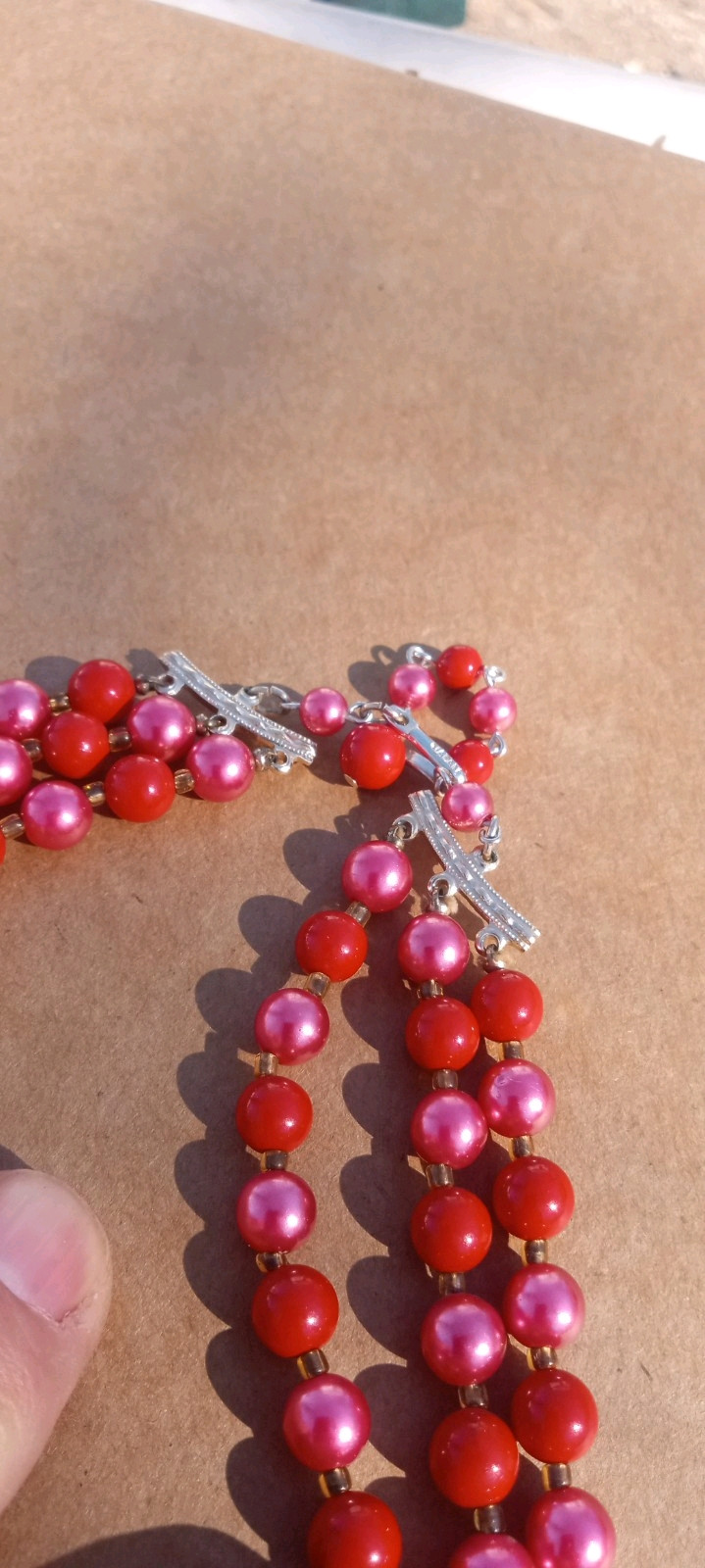 1950’s Japan 3 Strand 21″ Graduated Lucite Beads Necklace Red Purple Pink Signed