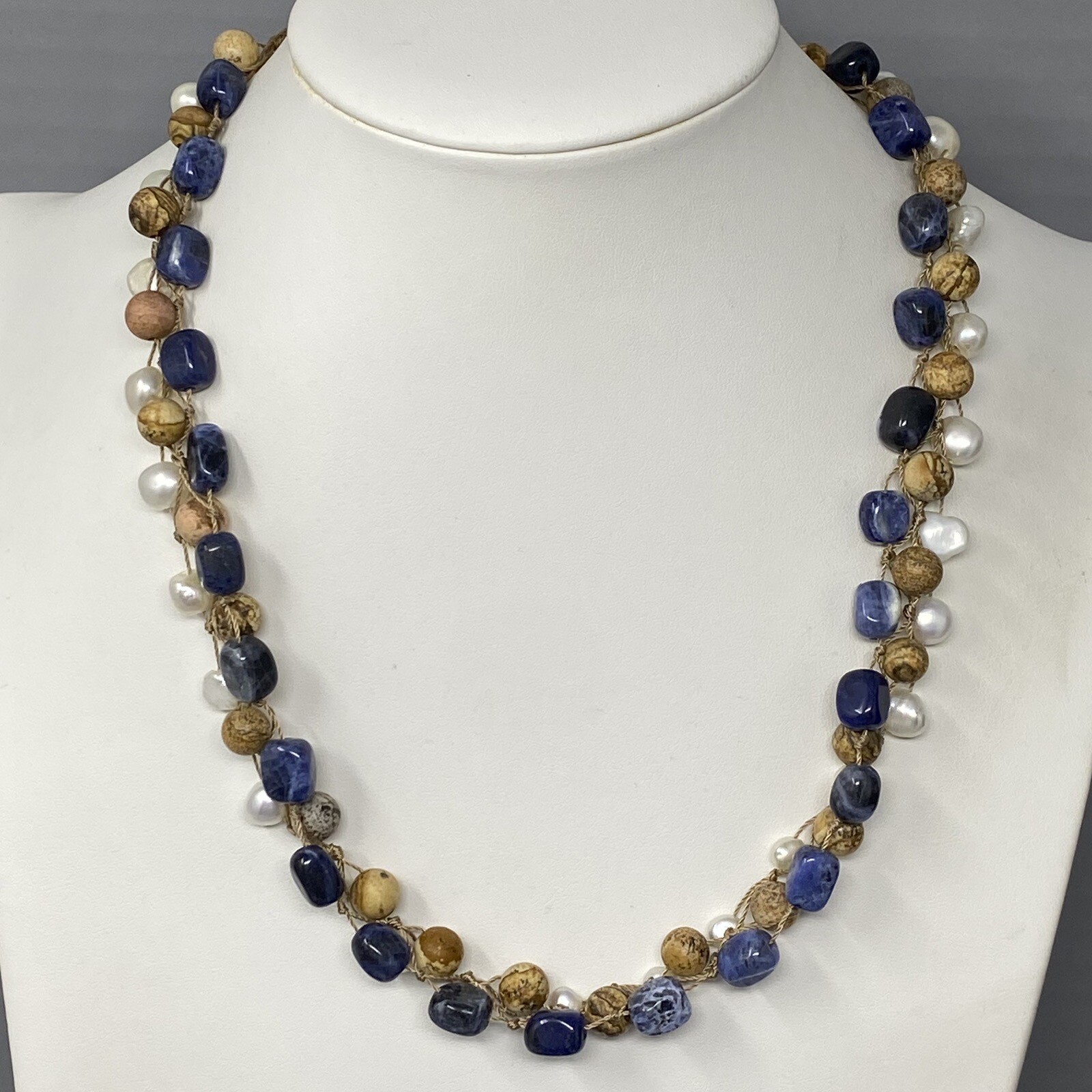 Coldwater Creek Necklace Jasper Sodalite Genuine Pearl Hand Knot Wrap Boho 20″