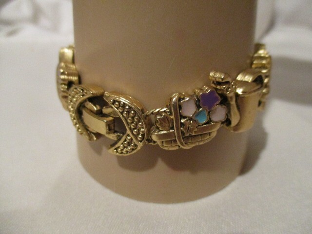 Vintage Brass & Enamel Gardening Slide Bracelet 7 1/4″ L x 3/4″ W