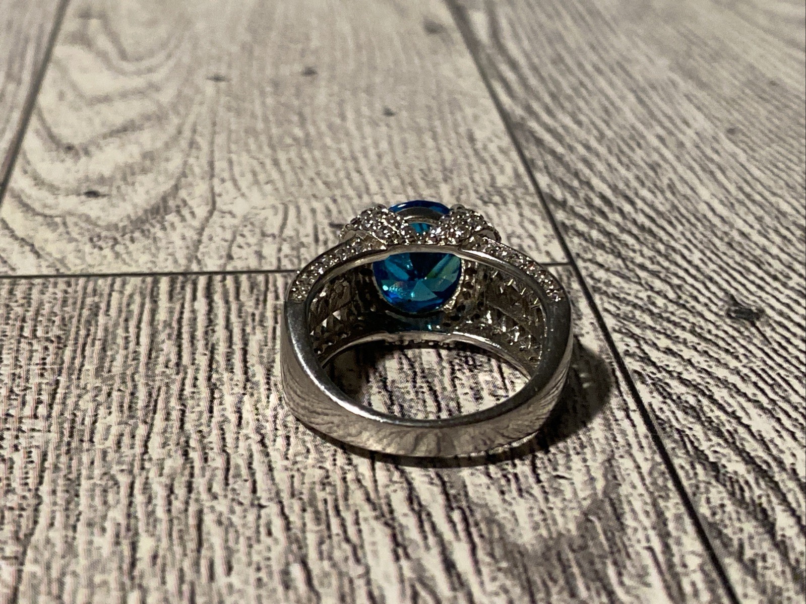 Sz 8 Cushion Cut 925 Ring Blue Topaz Color Stone Sterling Silver Filigree Signed