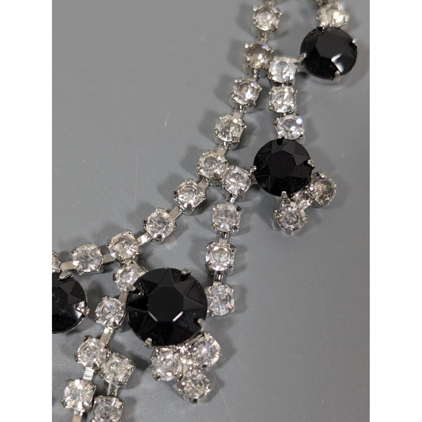 Vintage Black Clear Rhinestone Choker Necklace Silver Tone Bib Statement 15″