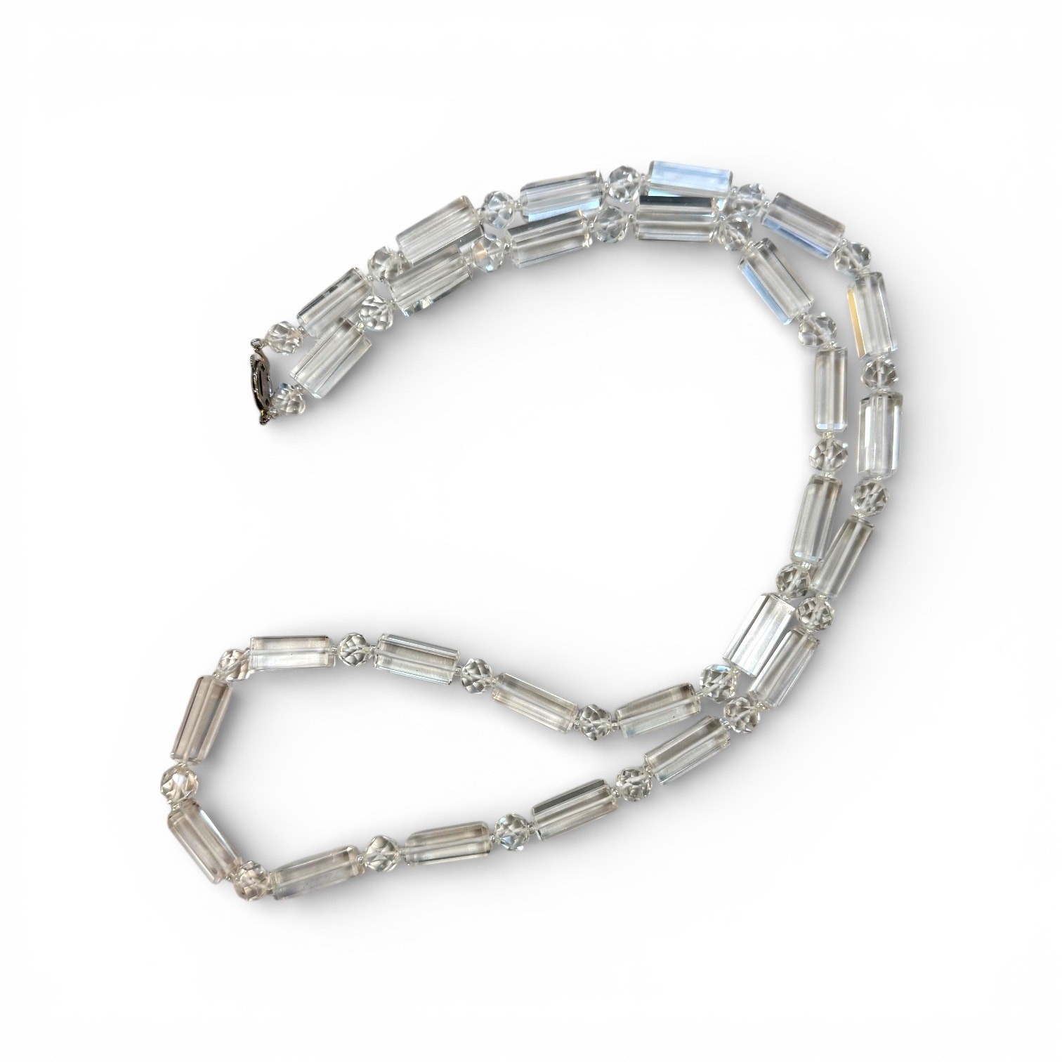 Vintage Clear Faceted Glass Bead Necklace, 34” Long, Rectangular Beads, Opera
