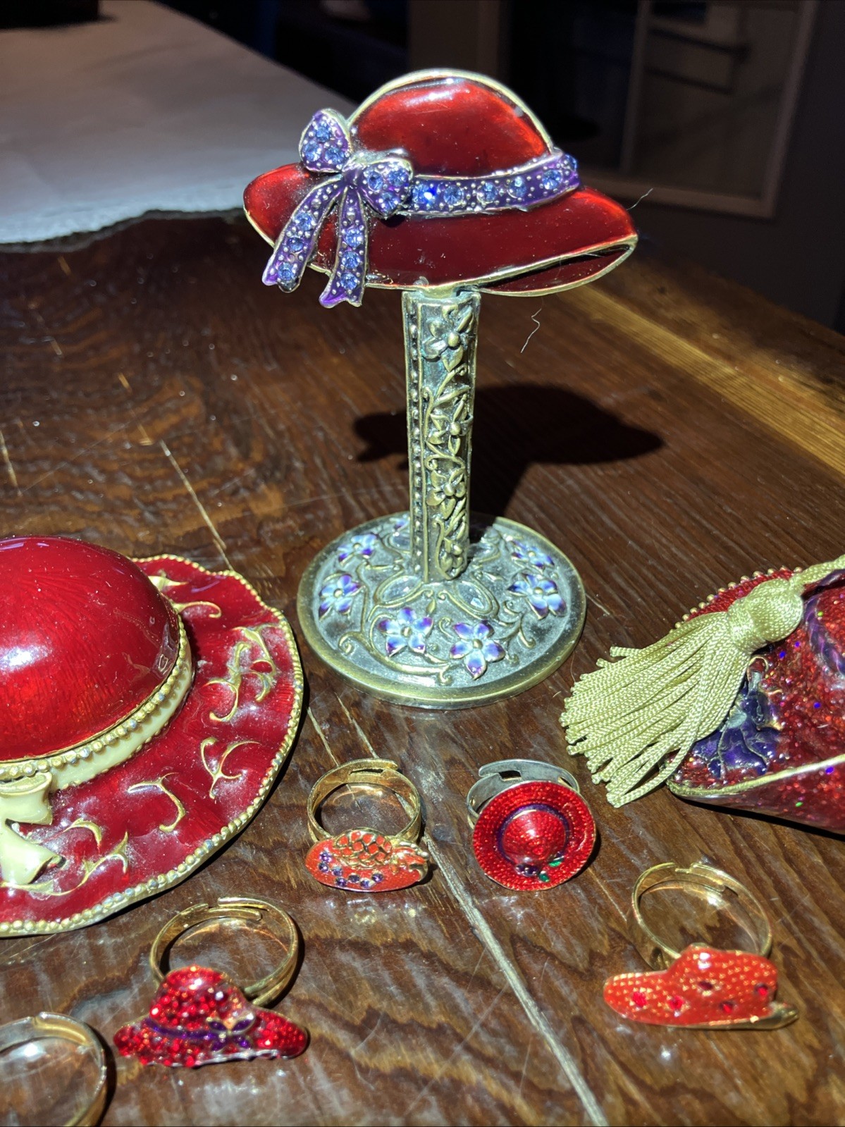Red Hat Society 3pc + 6 Rings Set Trinket Box Ring Holder Perfume Bottle Vintage