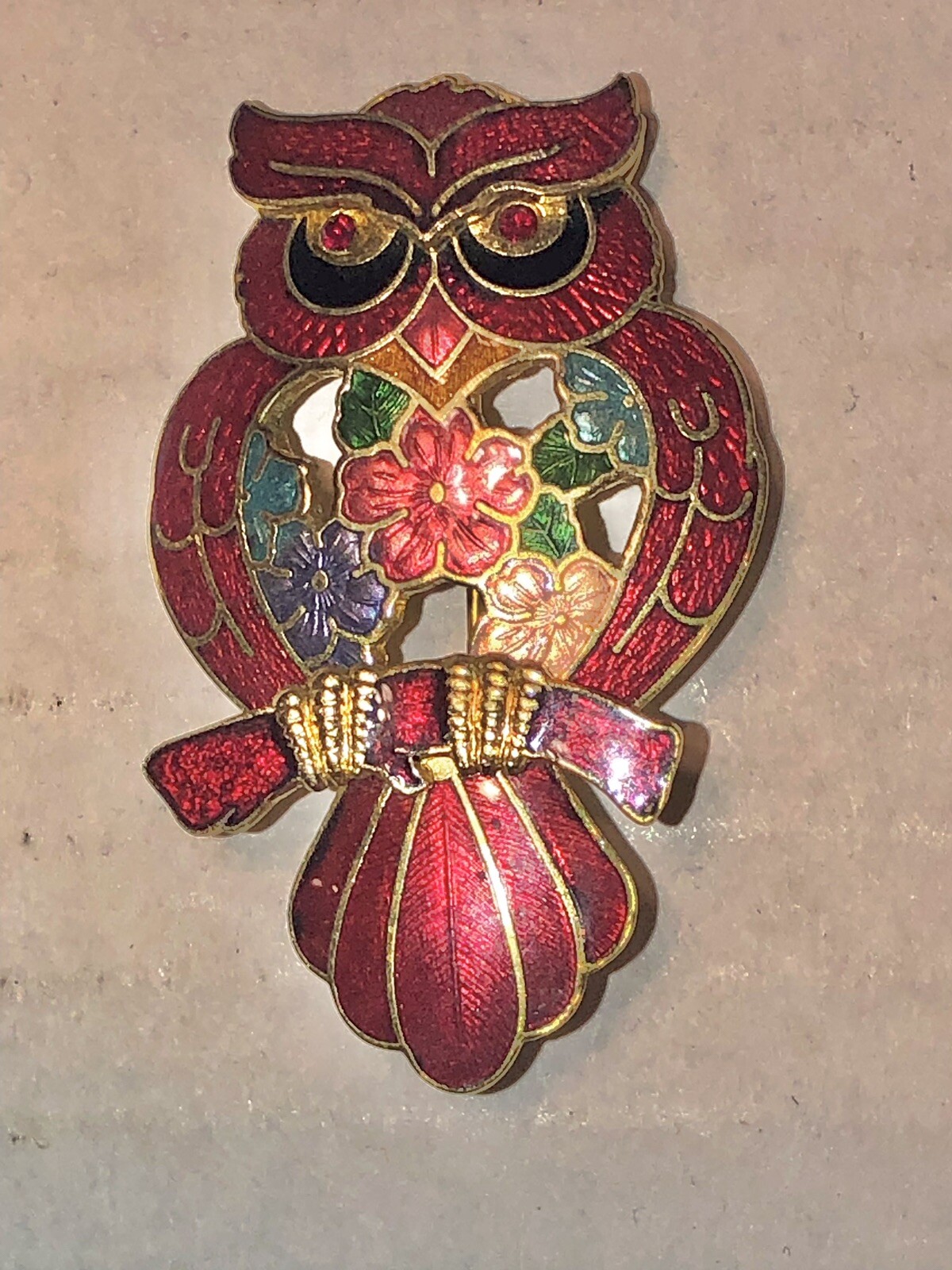 Cloisonné Owl Brooch Brilliant Multicolored 2,25” Tall, About 1” Wide Vintage