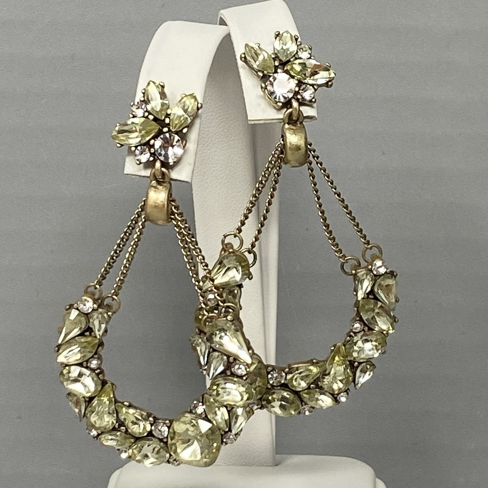 Rhinestone Earrings Chandier Dangle Drop Hoop Yellow Glass Pave Pierced 2.5″