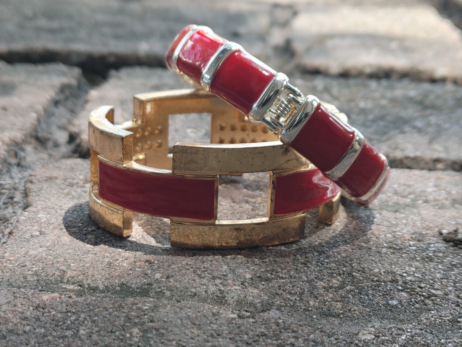 2 Vintage Hinged Bangle Bracelets with Red Enamel 1 Gold Tone 1 Silver Tone 80’s