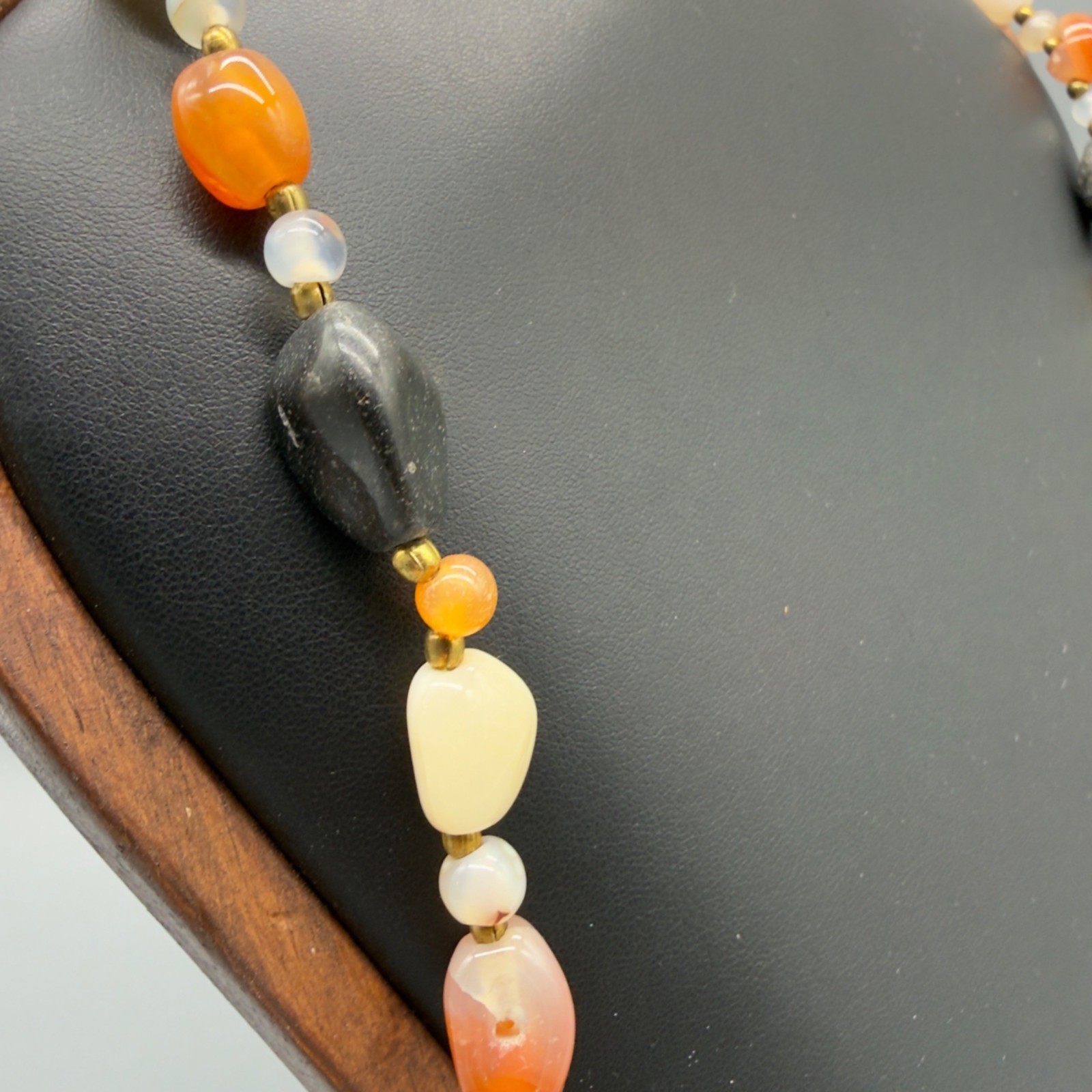 Vintage Beggars Bead Necklace Polished Stone Fall Colors Opera Length 32″
