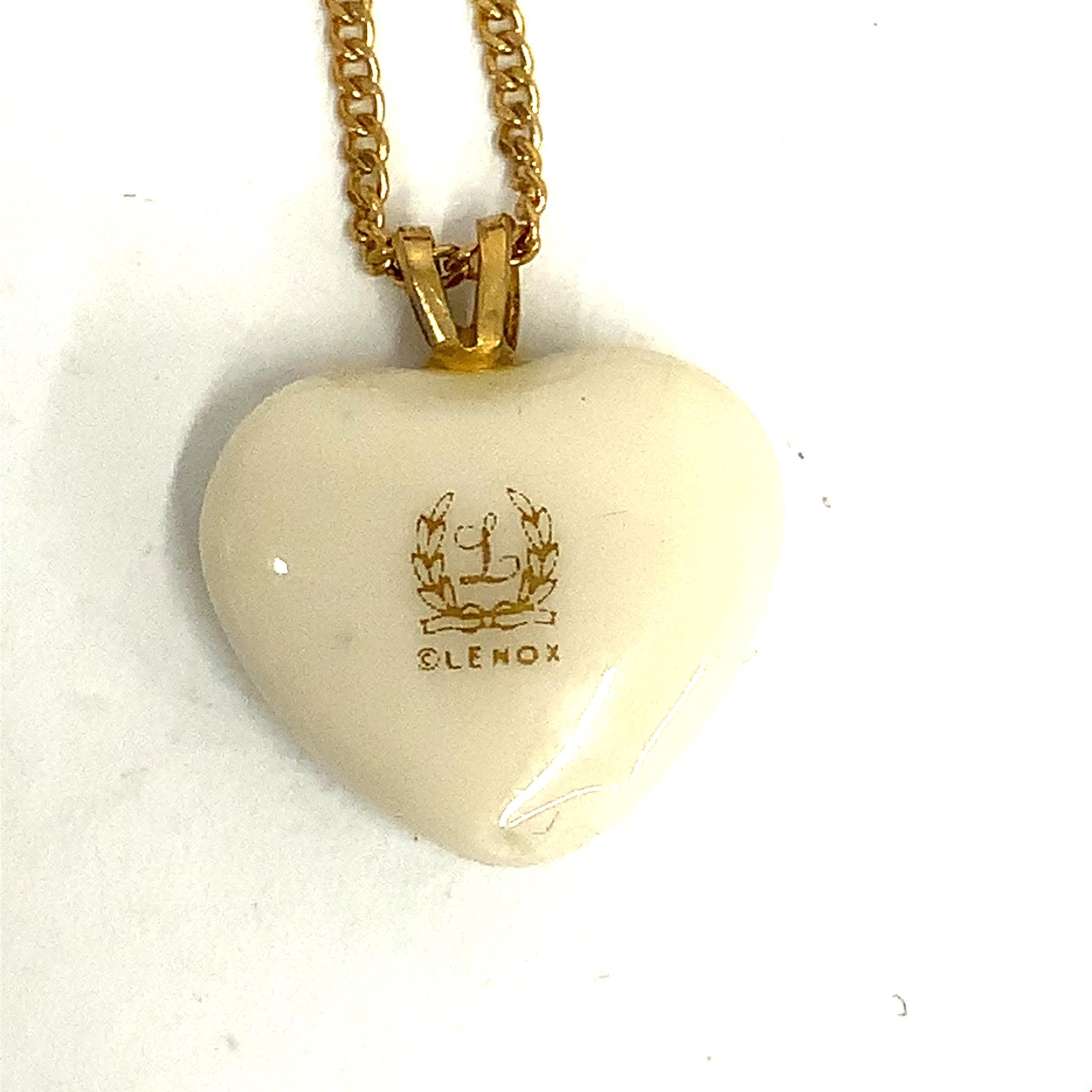 Vtg Signed 14k Gold Filled Lenox Puff Heart Porcelain Pendant Necklace sz 18 1/2