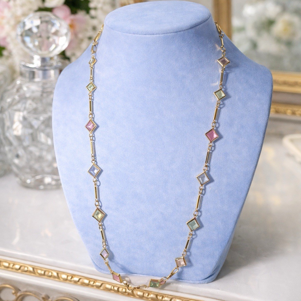 Vintage Pastel Glass Square Station Necklace – Bar Link Chain – Gold Tone – 30”
