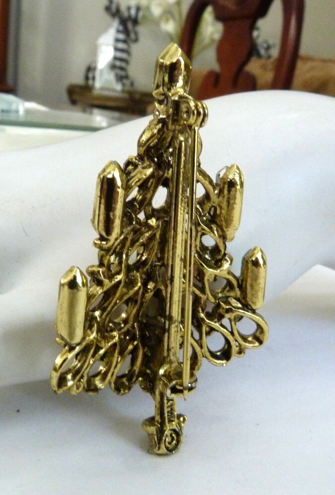 VINTAGE HOLLYCRAFT MCM CANDLES RED GREEN RHINESTONE ORNAMENTS CHRISTMAS TREE PIN