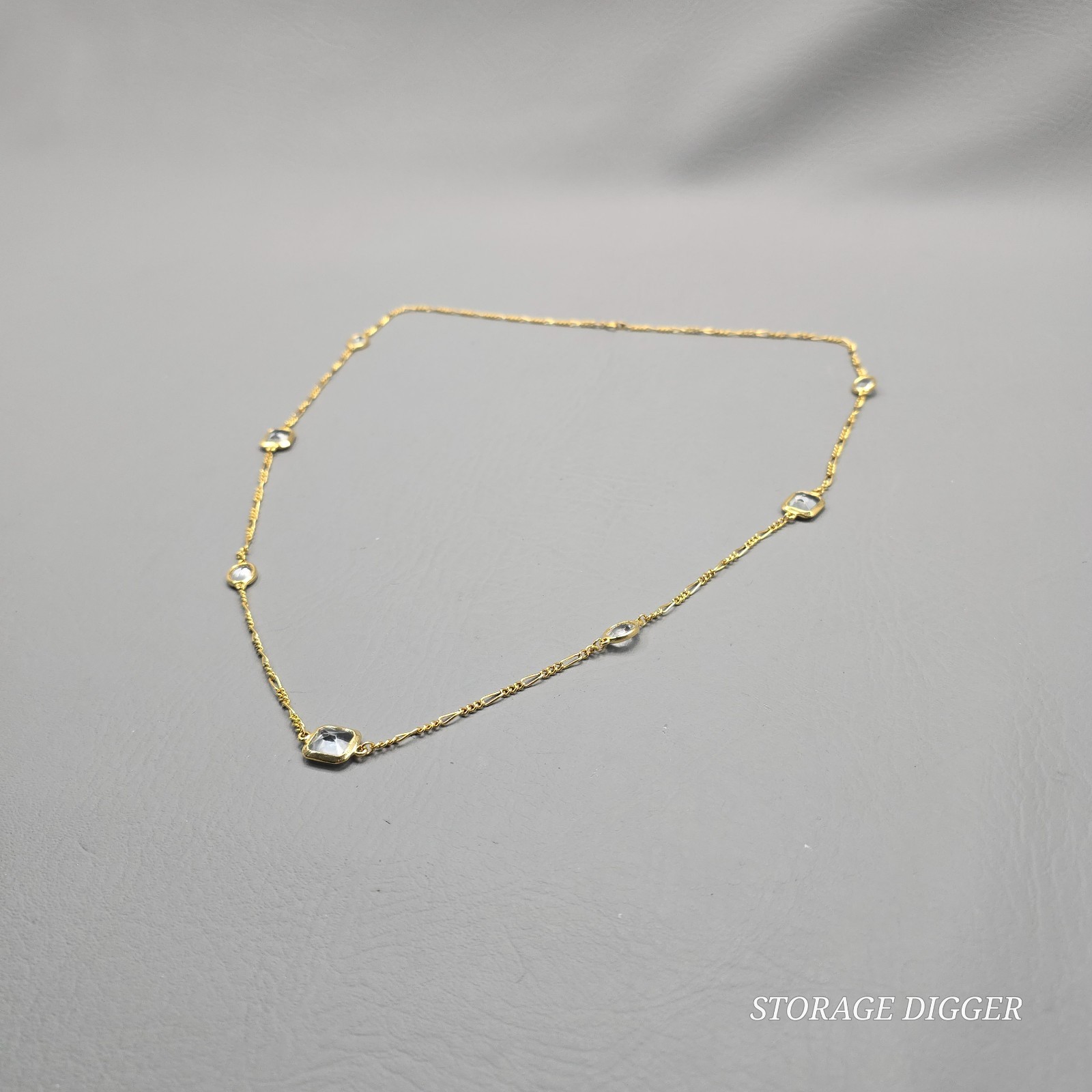 VTG Clear Crystal Bezel Gold Tone Metal Bar Link Chain Station Necklace 35″ Long