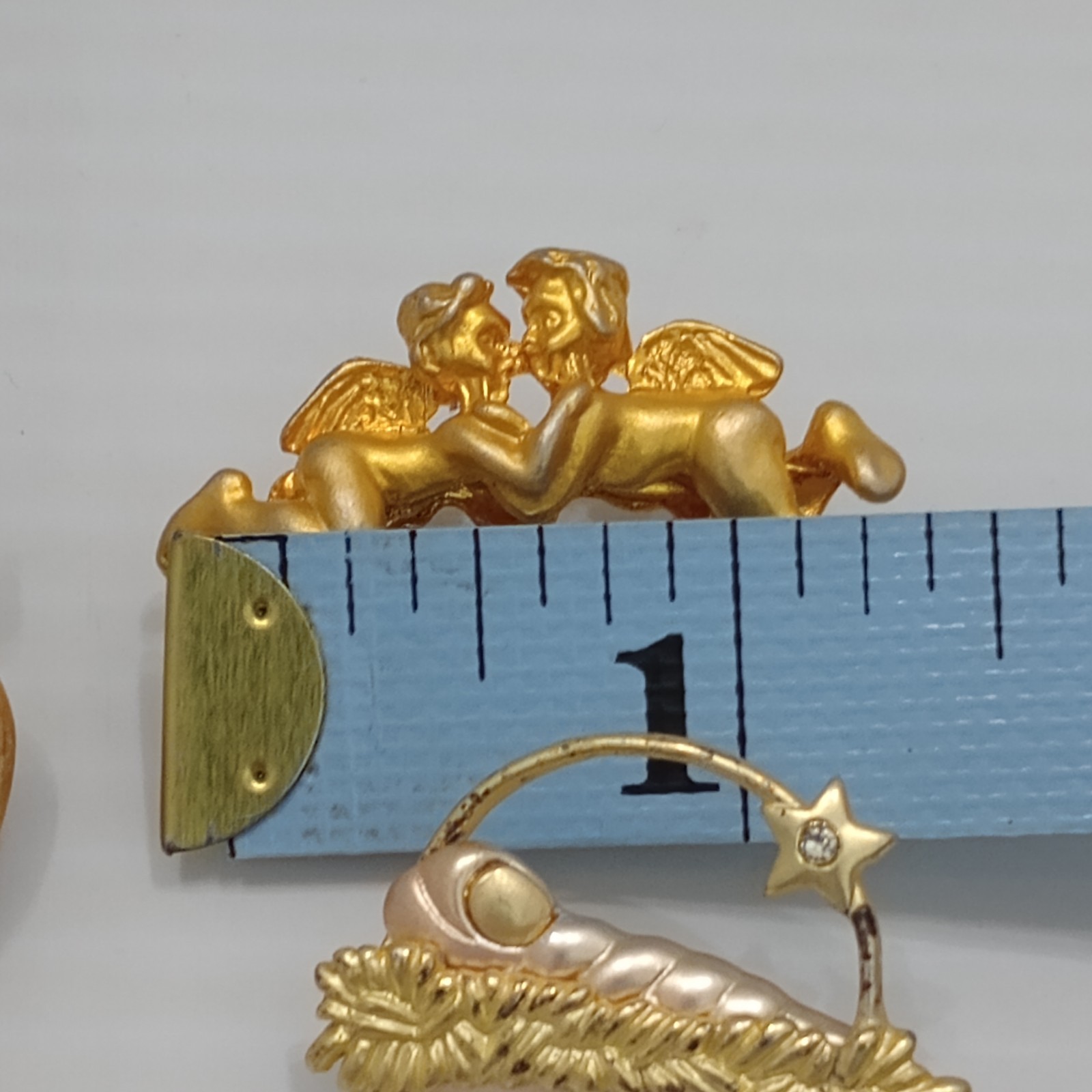 Lot 3 Vintage Gold Tone Brooches Avon Apple Angel Nativity