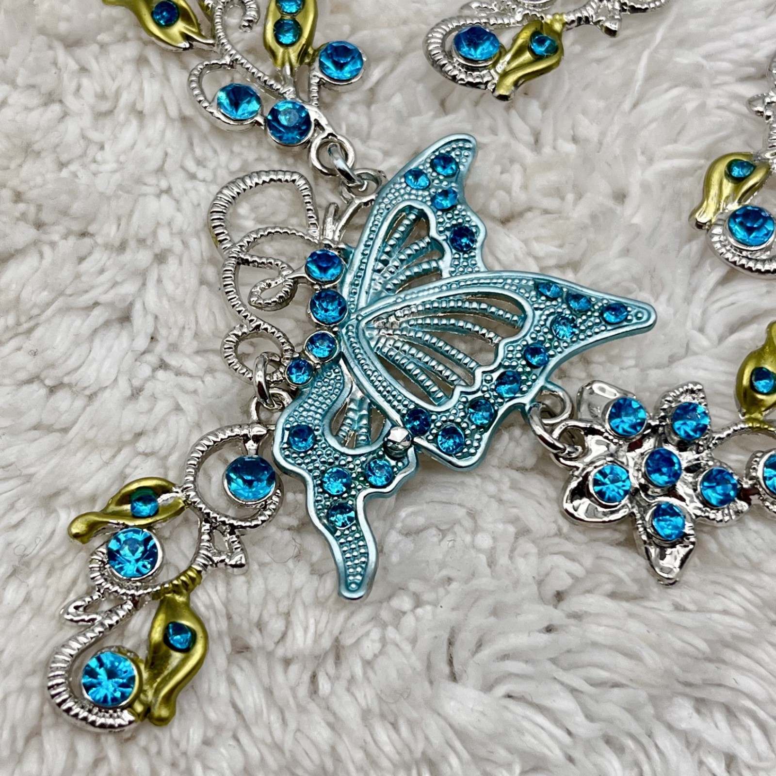Vintage Blue Butterfly Jewelry Set Y Drop Necklace Earrings Fairycore