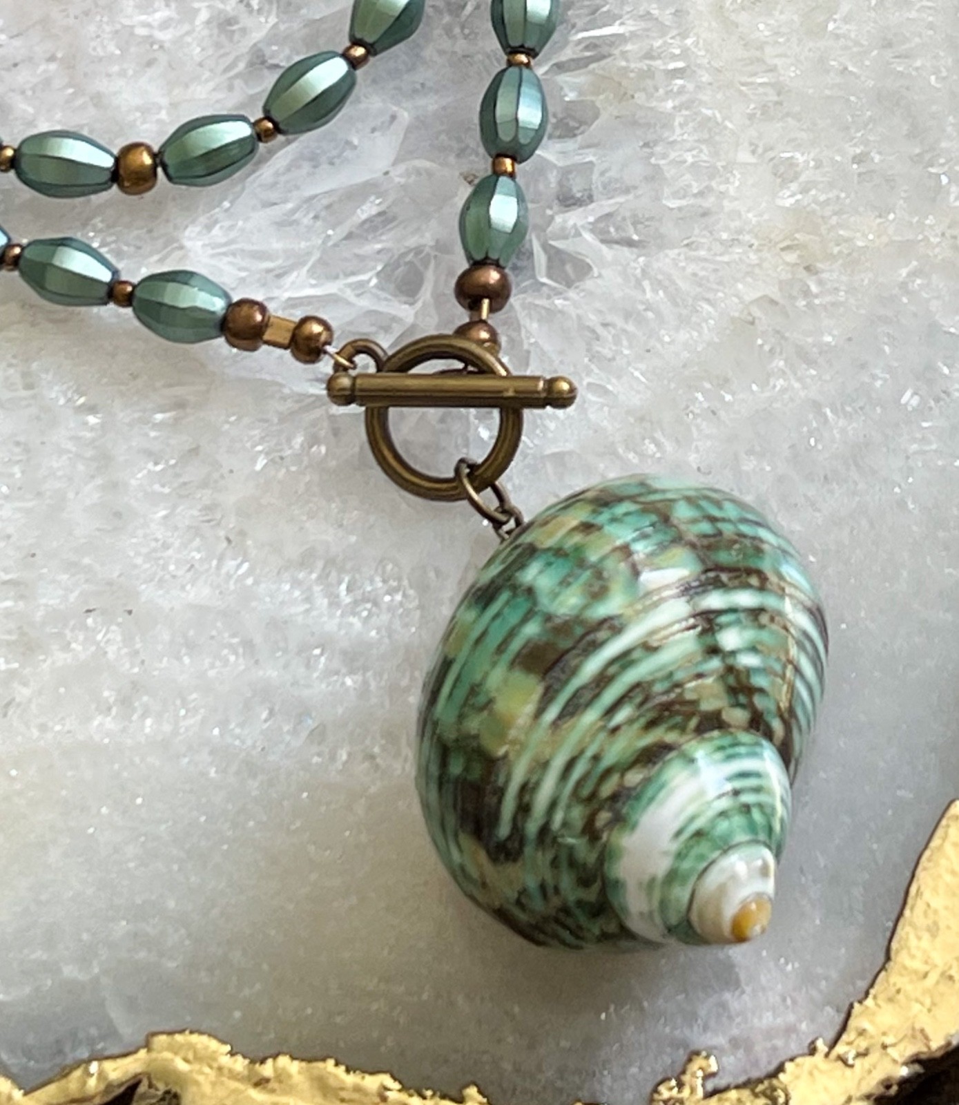 Artisan Necklace Sea Green Turbo Shell Seashell Pendant Pearly Green Beads
