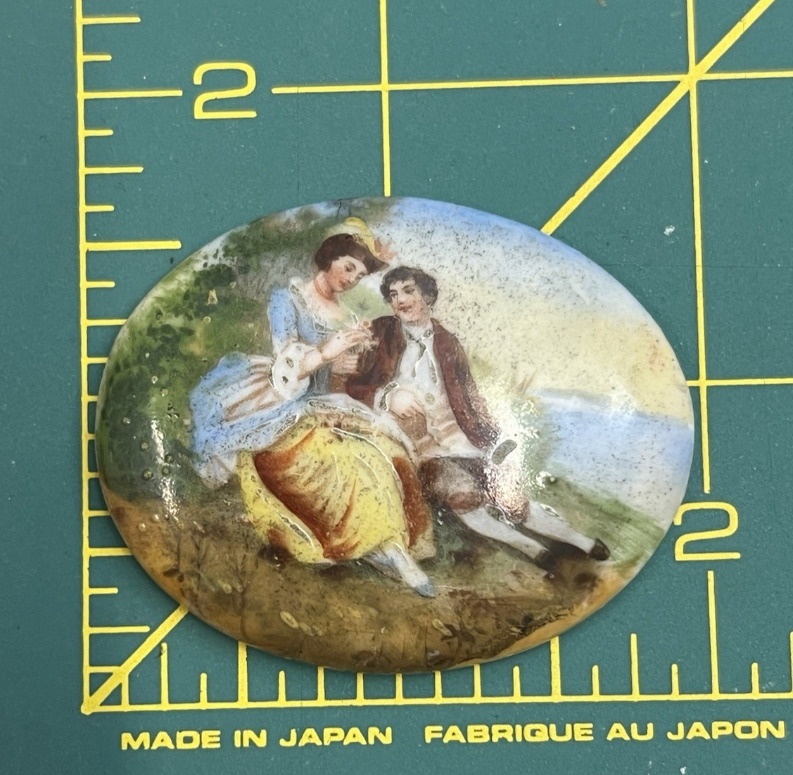 Vintage Hand Painted Porcelain Portrait Brooch Victorian Lady Oval Stone
