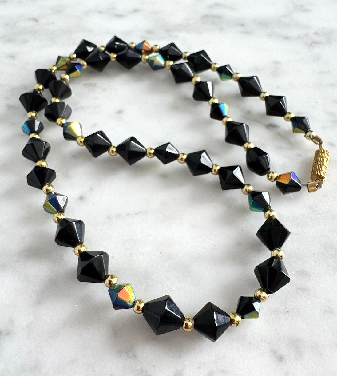 Vintage Bicone Cut Black Aurora Borealis Crystal Bead Gold Tone Accent Necklace
