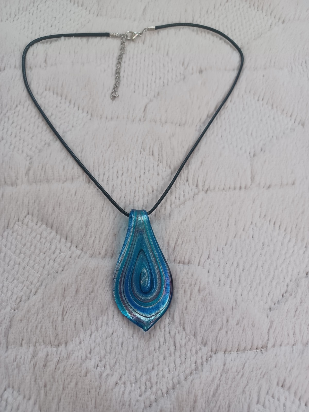 Vintage 90s / 2000s Y2K Art Glass Blue Swirl Pendant On Black Cord Necklace